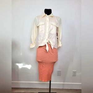 Women's XS Outfit Ribknit Bodycon Dress Linen Button Waist Tie Shirt Pink White